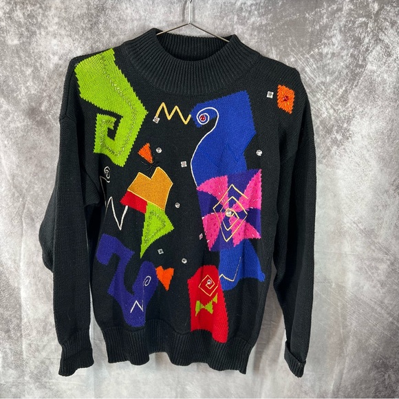 Santoria Sweaters - Vintage Santoria Geometric Multi Colored Rhinestone Beaded Pullover Sweater